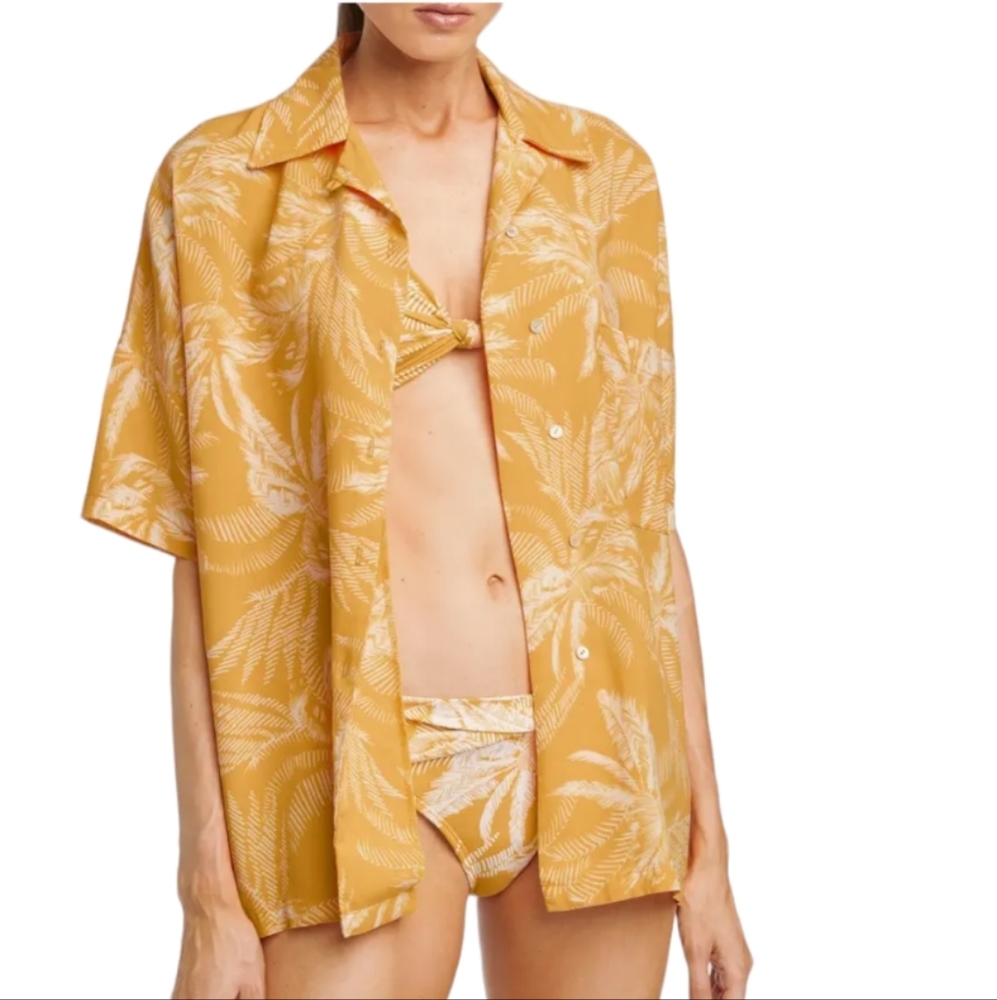 Robin Piccone Mustard Palm-Print Button Shirt Coverup